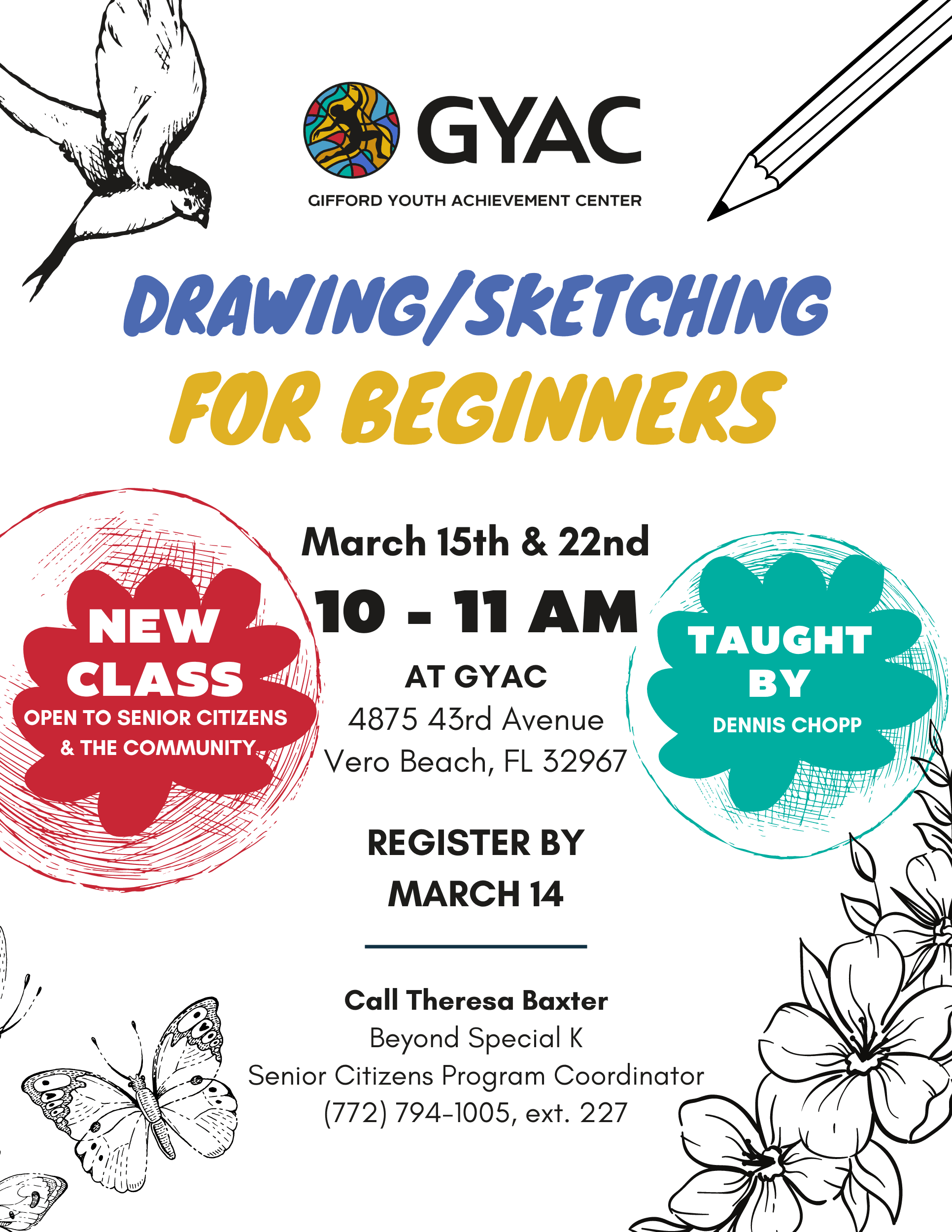 Flyer with details of the GYAC's Beyond Special K Program's Drawing/Sketching Class for Beginners on March 15 and March 22, 2024.