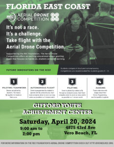 Full flyer with details of the first annual Florida East Coast (FEC) Aerial Drone Competition on April 20, 2024, at GYAC.